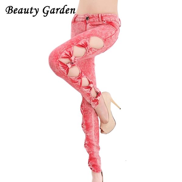 

beauty garden women fashion solid jeans hollow out and bow long pencil pants skinny jeans for women, Blue