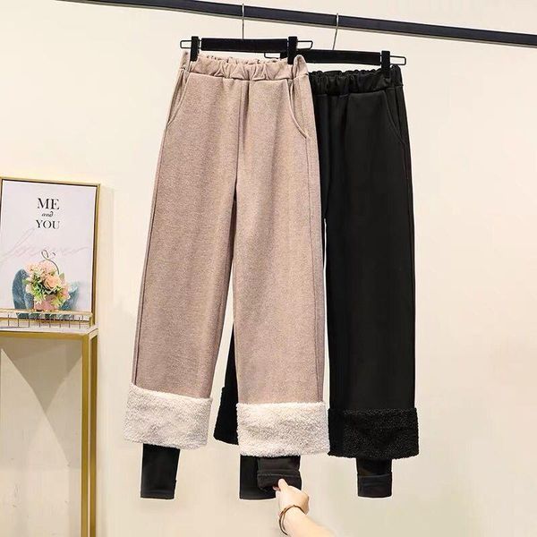 

winter fake two-piece wide leg woolen pants plus size women bottoms pants thickened high waist cashmere stitching trousers, Black;white