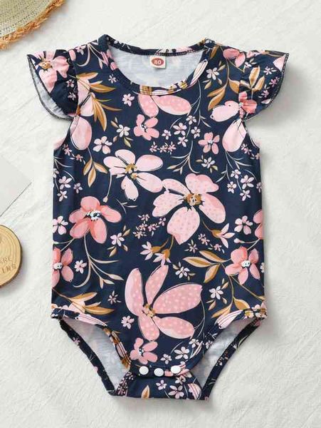 

baby 1pc floral print ruffle sleeve bodysuit she, Blue