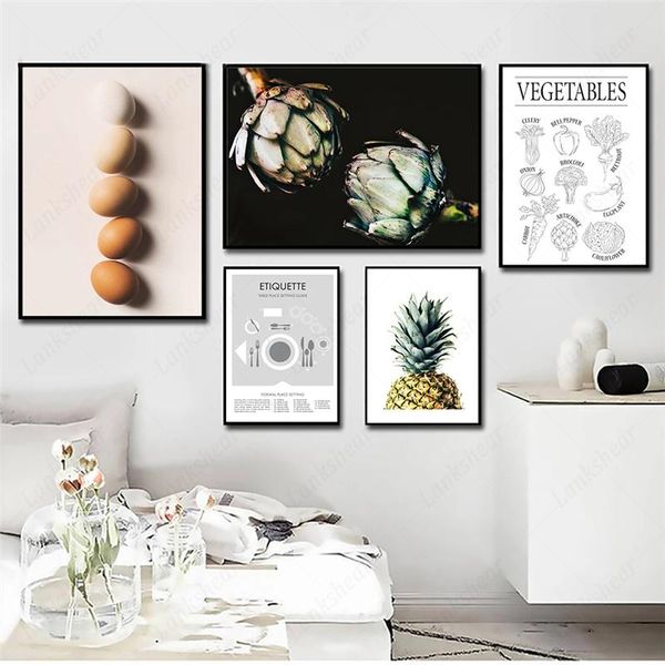 

paintings poster food vegetable kitchen decoration egg pineapple line art modular print canvas painting wall picture home restaurant decor