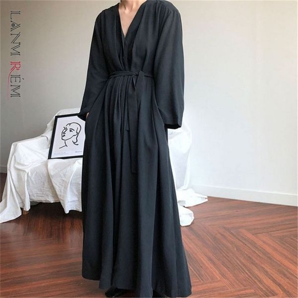 

large size high waist dress v-neck women flare knee-length es loose long texture with belt a114 210526, Black;gray
