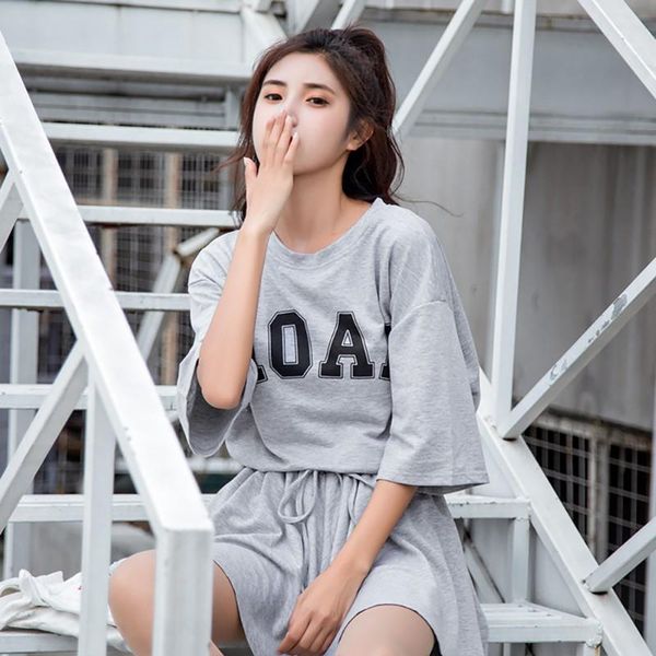 

women summer casual solid color o-neck short sleeve t-shirt + wide leg shorts two-piece set, Gray