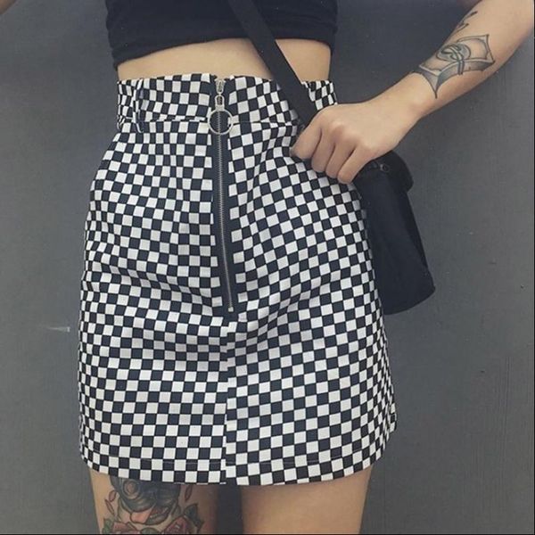 

summer fashion women skirts high waist zip fabala hem short skirt ladies girls grid a line wrapped skirt, Black