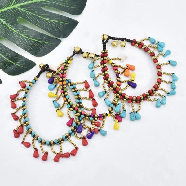 

link, chain bohemian gold beads with colorful flower lucky braided rope bracelet ladies handmade anklet party jewelry gift, Black