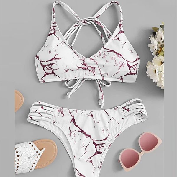 

sale40.# women on tie-dye printing badmode gradient button neck split cable bikini set badpak stroje kapielowe damskie, White;black