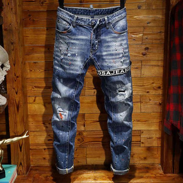 

jeans fashion brand autumn and winter men's korean fashion slim pants ink paint spots, Blue
