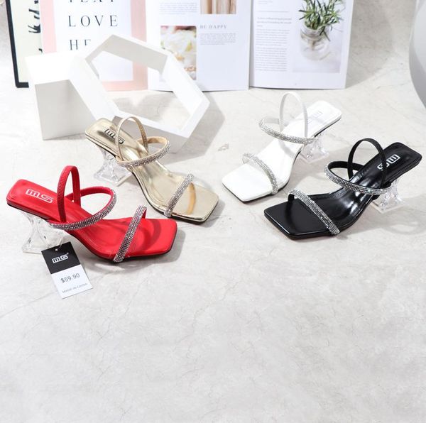 

sandals fashionable european american style summer of 2021 rhinestones two women thick heels comfortable slippers, Black