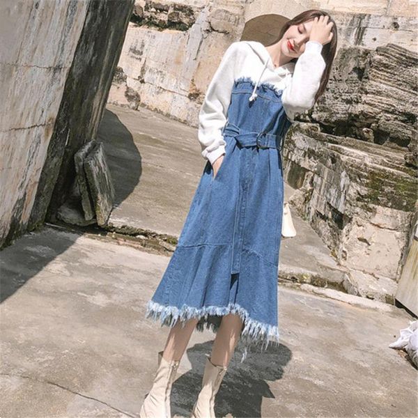 Casual Kleider Mode Koreanische Plus Größe Denim Kleid Für Frauen Frühling Hoodie Spleißen Kapuze Lange Damen Jeans 3XL Vestidos