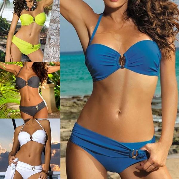 

one-piece suits women 2pcs bikini set halter backless u-clip solid color underwire padded swimsuit low waist ruched bathing suit