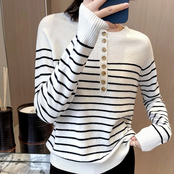 

women's sweaters female striped sweater with buttons, black and white for women, autumn winter 100% wool, long sleeve, round collar, zx, White;black