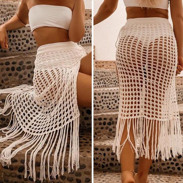 

women's swimwear vamos todos 2021 summer solid bathing suit women hollow out white coverup split tassels crochet beach swimsuit cover u, White;black