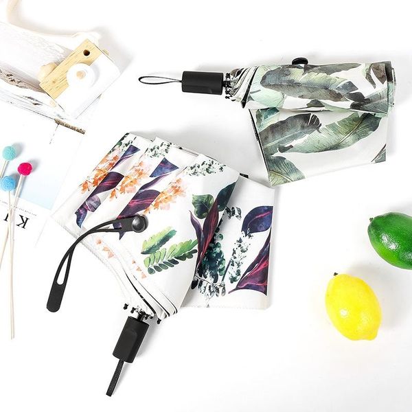 

umbrellas banana leaf pattern mini umbrella rain women men windproof anti-uv sun ultralight portable pocket for travel