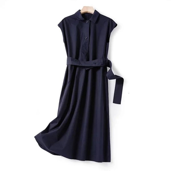 

2021 new novo vero midi camisa vestido retro turn-down colarinho sem mangas feminino vestidos longos com faixas dnqm, Black;gray