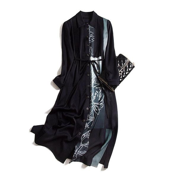 

casual dresses 93% heavy silk dress women style fixed position printing sashes long sleeve fashion, Black;gray