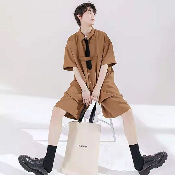 

men's tracksuits short sleeve shirt + men's shorts summer japanese trend solid color loose street suit t-shirt, and fifth pair of, Gray