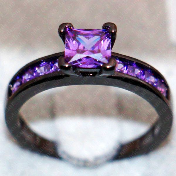 

fashion engagement wedding ring set 10kt black gold filled with inlay squaer purple simulated diamond cz ring girl, Silver