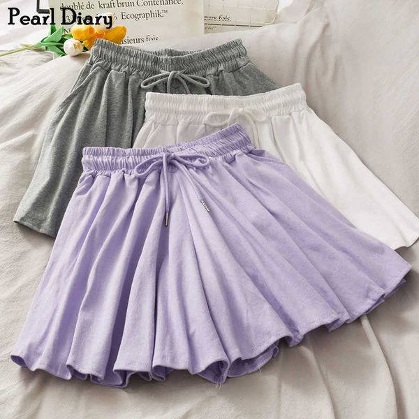 Pérola Diário Algodão Calça Curta Elasticada Elasticada Cordão Culotte Culotte Curto Cintura Largura Perna Casual Sólido Movimentar-se 210611