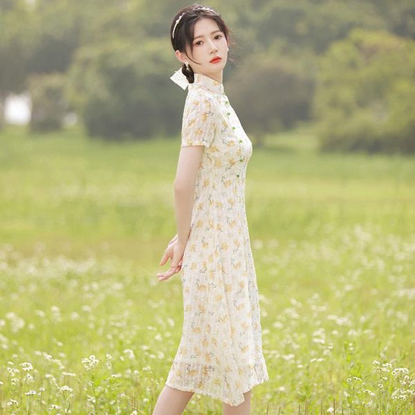 

ethnic clothing summer chinese improved traditional cheongsams ao dai young girls short sleeve chiffon floral printing dress women, Red