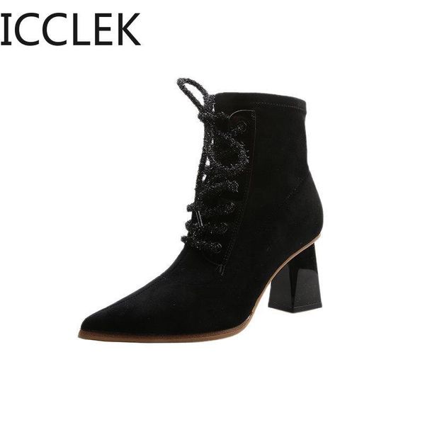 

boots 2021 autumn woman pointed toe ankle lace up flock boot high heels booties ladies shoes black botas mujer spring