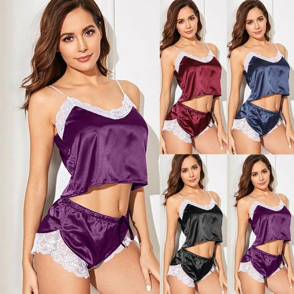 

women's tracksuits 2 pieces women set lace satin silk lingerie and shorts ladies causal sleepwear nightwear two piece outfits, Gray