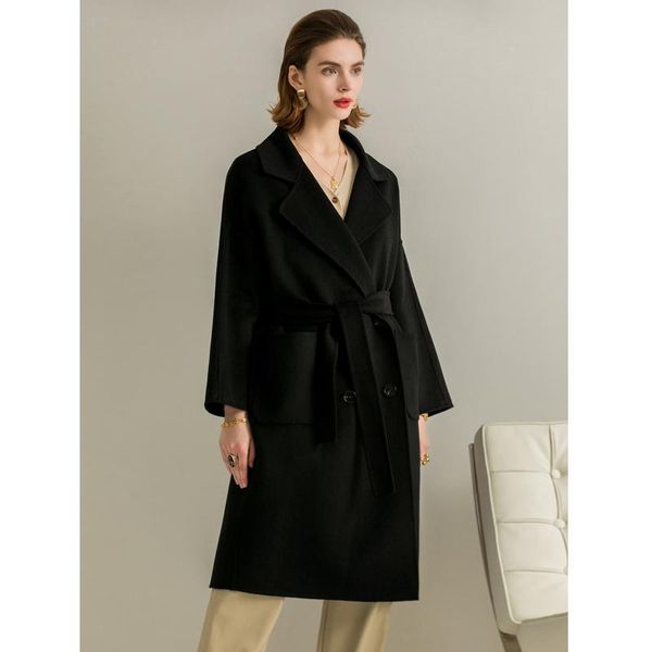 

women's wool & blends elegant long coat jacket black belt fashion outerwear ladies double sided cashmere overcoat autumn winter 2021