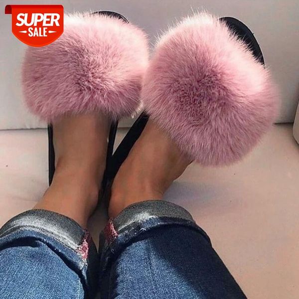 

puimentua faux fur slides women furry fox fur sandals for woman female indoor shoes fluffy plush with slippers flip flops #km9i, Black
