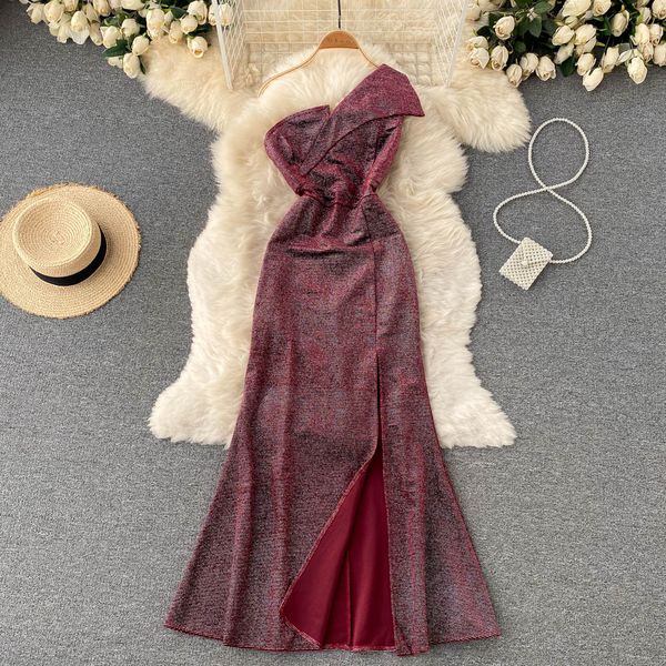 

black/red one shoulder party long dress women autumn elegant sleeveless high waist open back mermaid vestidos maxi robe new 2022, Black;gray