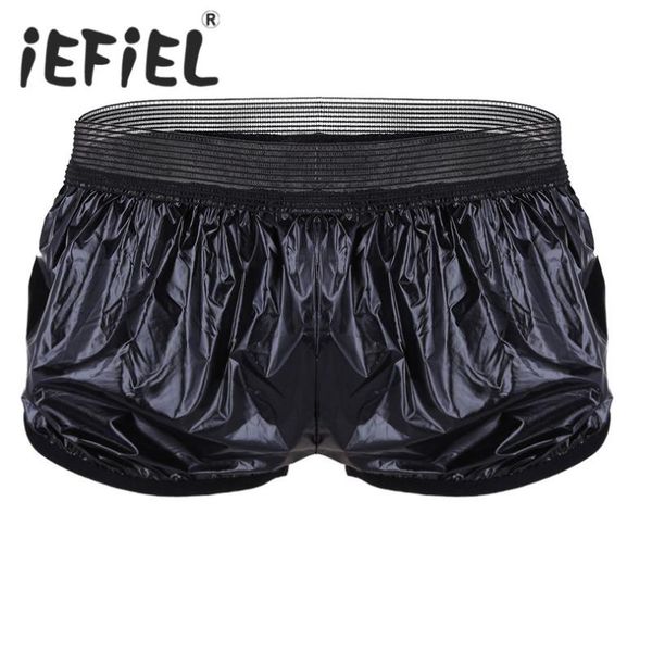 

iefiel new arrival summer men fashion shorts lightweight faux leather boxer shorts trunk wet look lounge short pants, White;black