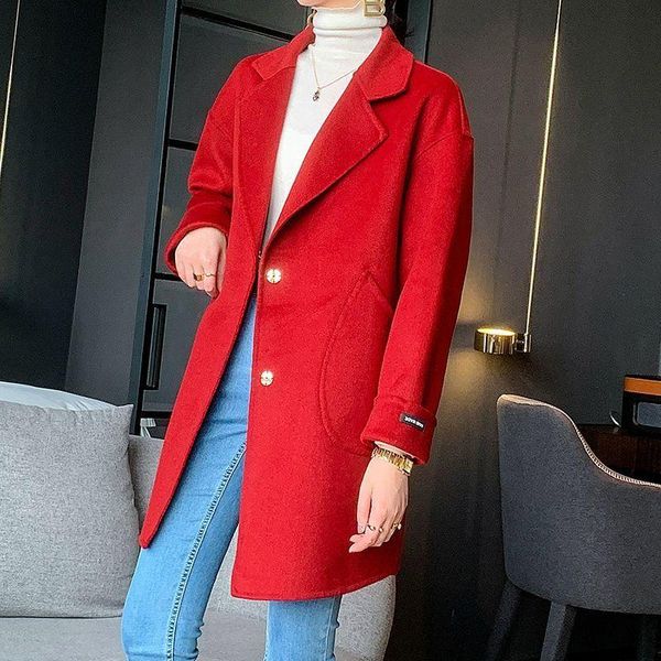 

women's wool & blends 2021 autumn and winter double-sided coat medium long loose western style suit collar 100% australian, Black