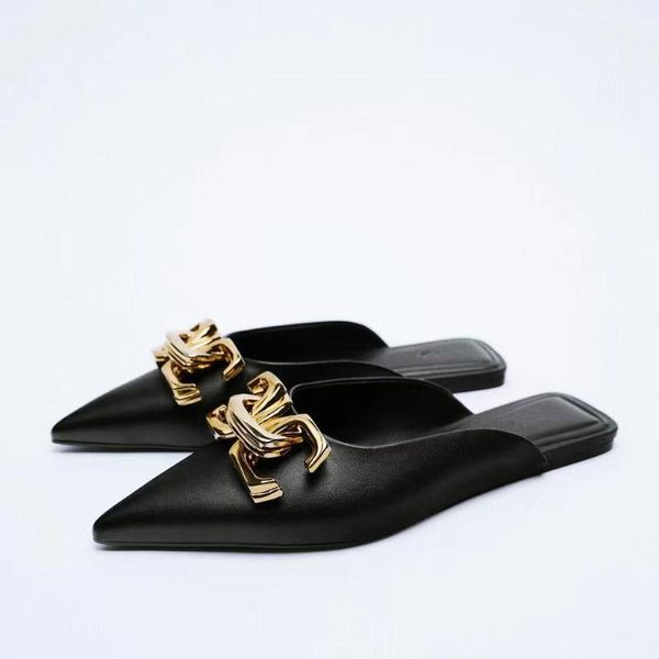 

slippers products women's shoes flat elegant mules with metal buckle, Black