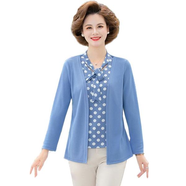 

women's t-shirt spring summer dots print stitching false 2 pcs knit tee shirts ladies elegant bottoming shirt, White