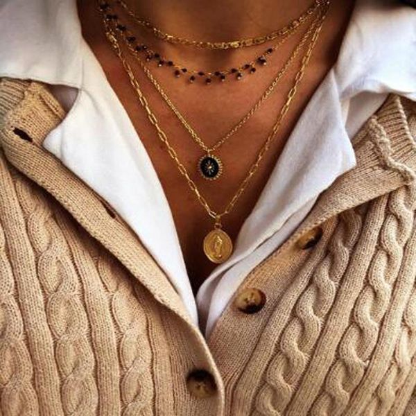 

pendant necklaces vintage multilayer virgin mary necklace for women bohemian black enamel cross clavicle chain party jewelry, Silver