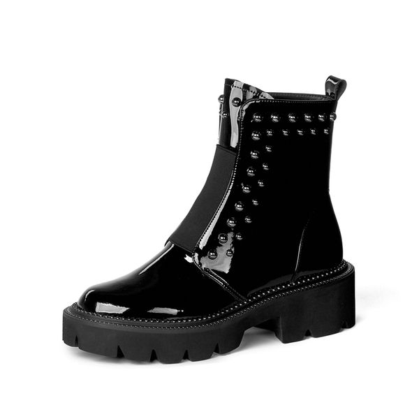 

2021 autumn new black ankle boots for women fashion cool rivet round toe martins boots woman shoes waterproof leather snow boots