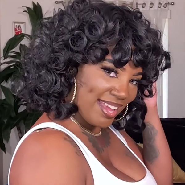 

synthetic wigs short curly kinky for black women fluffy wavy hair wig natural looking heat resistant with cap