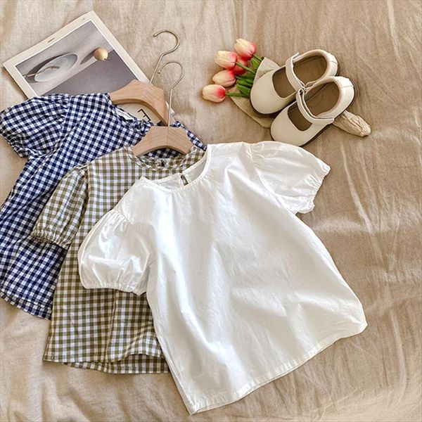 

summer korean style baby girls plaid blouses puff sleeve short toddlers kids shirts, White;black