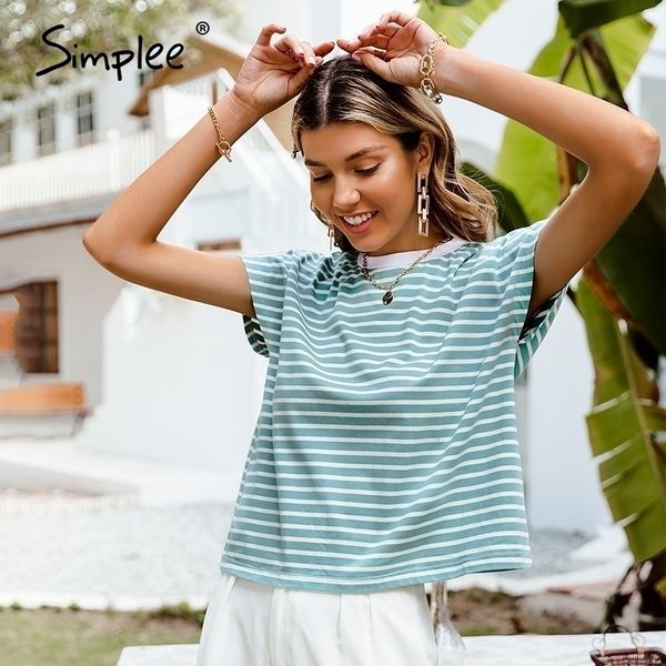 

simplee casual women fashion striped short t-shirt summer o-neck bat sleeves t shirts high street office lady basic loose 210315, White