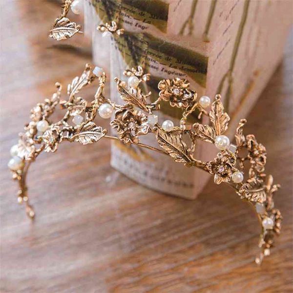 Vintage barocco oro foglia di perle tiara nuziale corona di cristallo fascia per capelli copricapo vite accessori per capelli da sposa fascia per capelli 210701