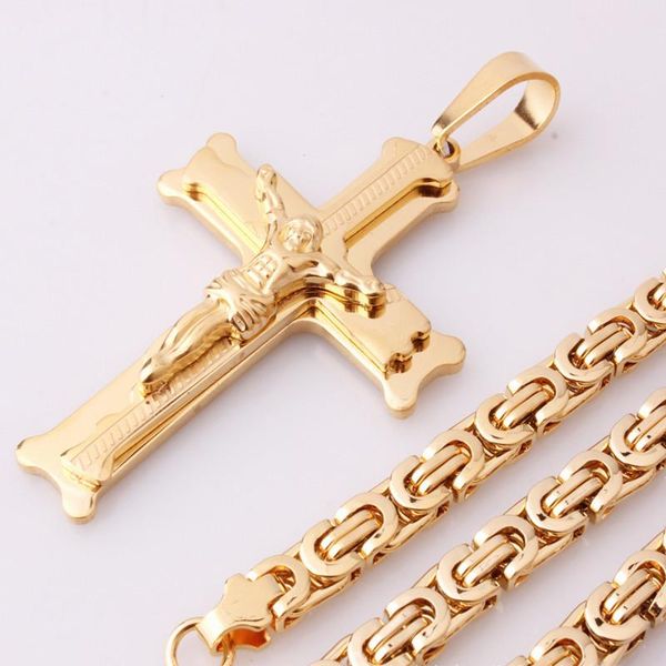 

link, chain heavy crucifix cross pendant necklace men gold stainless steel male punk necklaces byzantine jewelry gifts, Black