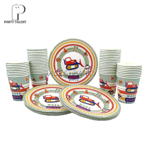 

packaging dinner service party supplies 96pcs construction vehicle kids birthday tableware set, 48pcs dessert plates dishes and cups glasses