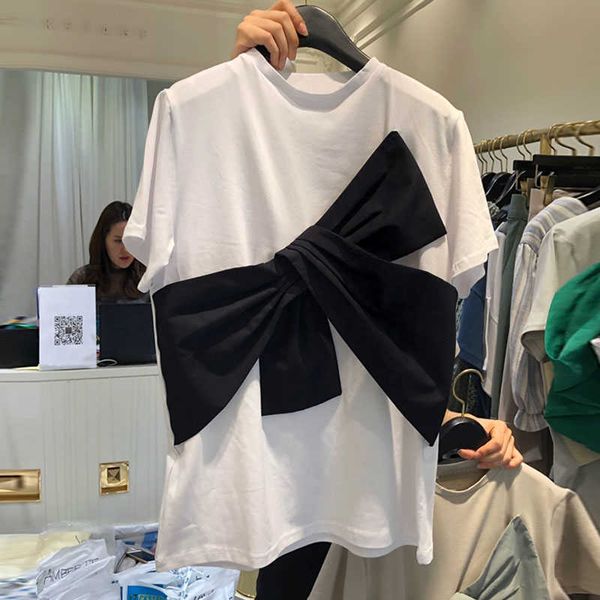 

korean summer style casual t-shirts sweet bow white short sleeve women's loose plus size clothes 210615