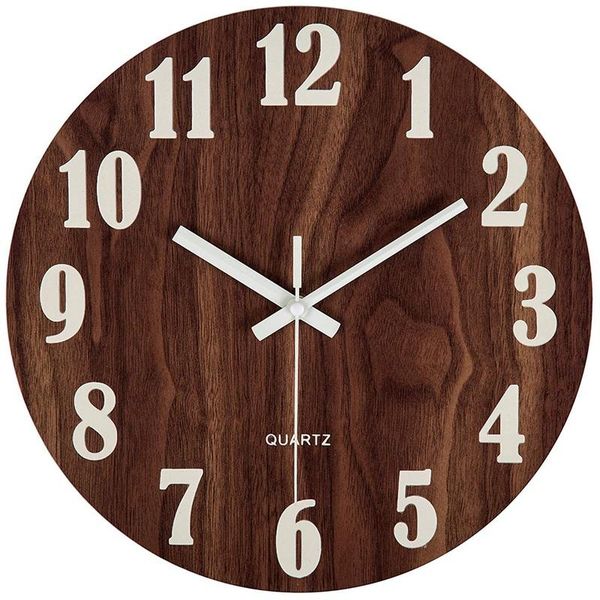 

12 inch night light function wooden wall clock vintage rustic country tuscan style for kitchen office home silent & non-ticking