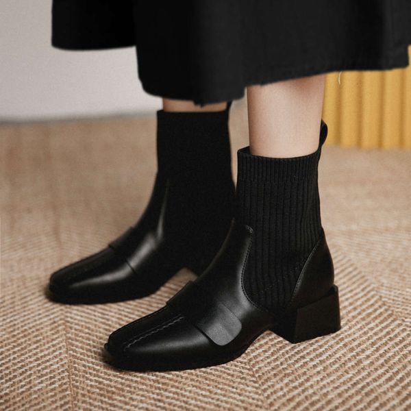 

martin autumn and winter fashion in 2020 thin elastic women's short thick heel small square socks boots, White;red