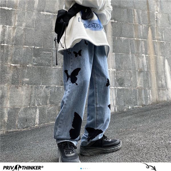 

men's 2021 butterflies graphic printed straight wide leg jeans autumn winter new casual oversize denim pants emu3, Blue