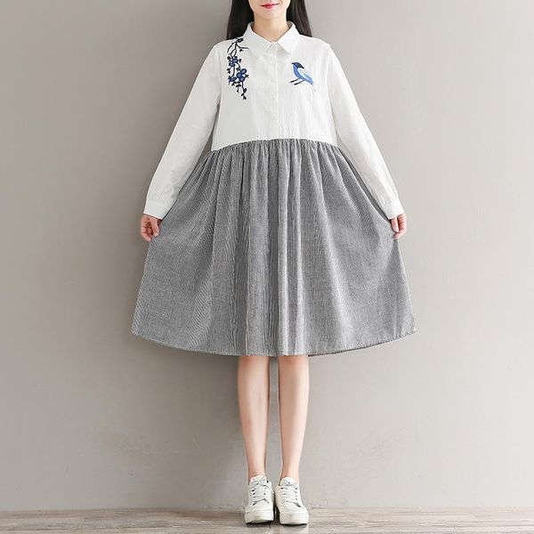 

casual dresses embroidery birdie dress women summer print long sleeve loose ladies turn-down collar preppy style short, Black;gray