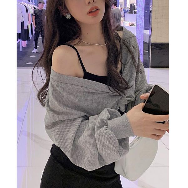 

casual dresses 2021 autumn 2 piece dress set women korean elegant pure color strap + loose hoodie y2k crop sweatshirt midi, Black;gray