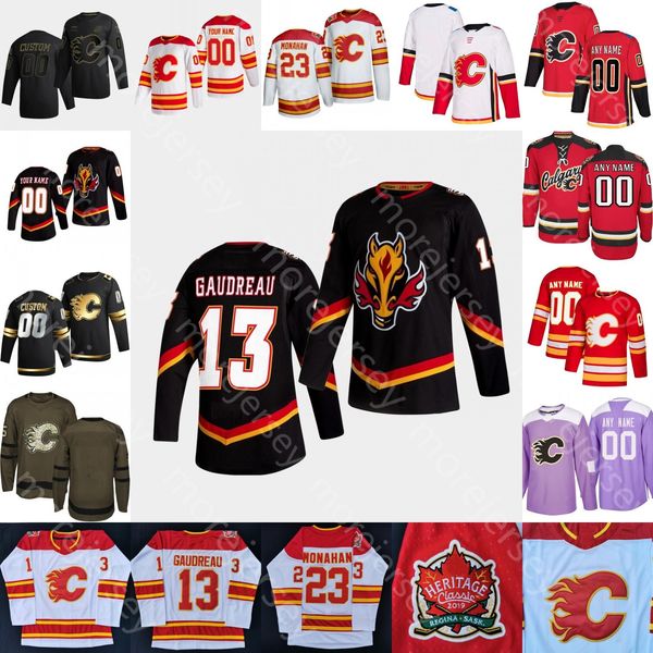 

custom 2021 calgary flames ice hockey jersey mikael backlund johnny gaudreau mark giordano lindholm lucic sean monahan talbot tkachuk iginla, Black;red
