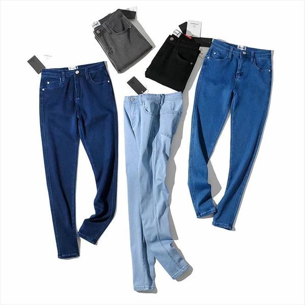 

autumn casual high waist women jean elastic washed denim pants stretch skinny, Blue