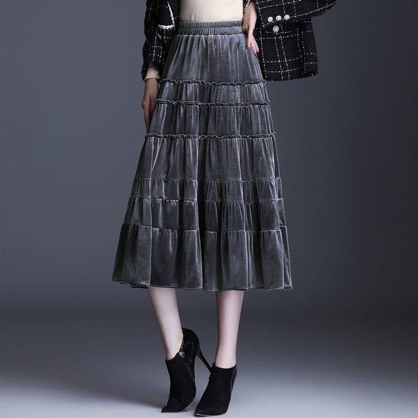

women 2021 spring autumn velvet midi skirt female high waist long pleated skirt ladies casual a-line skirts faldas mujer b928, Black