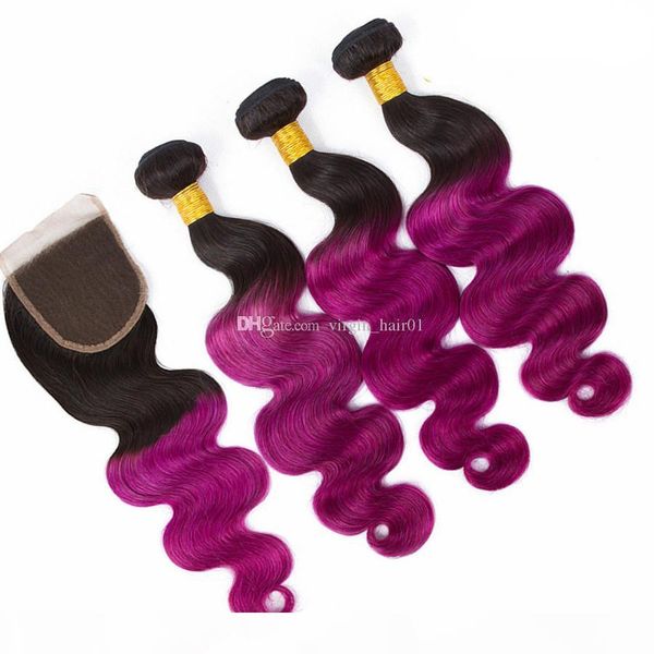 

european virgin human hair purple body wave with lace closure black to purple ombre 4*4 lace closure middle part with closure, Black;brown