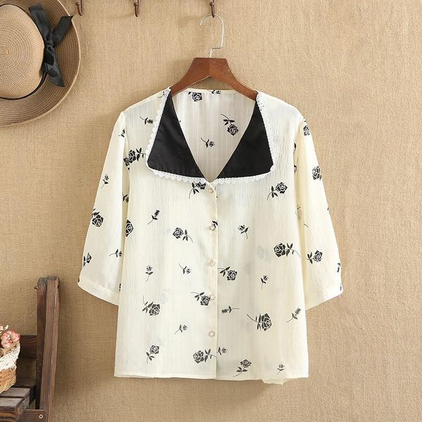 

plus size t-shirt chiffon shirt for women 4xl 5xl crochet lace lapels printing short sleeves thin large fatlady in summer, Black